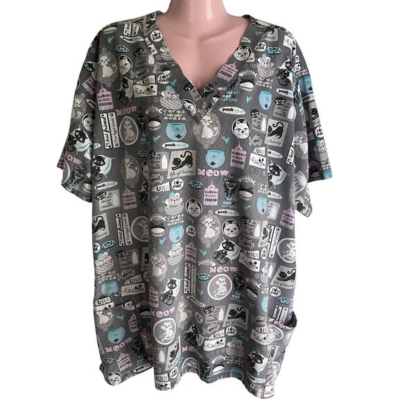 UA Scrubs Tops - UA Scrubs Tunic Top Womens 3XL Gray Cat Print Pockets V Neck Nurse Scrub Top